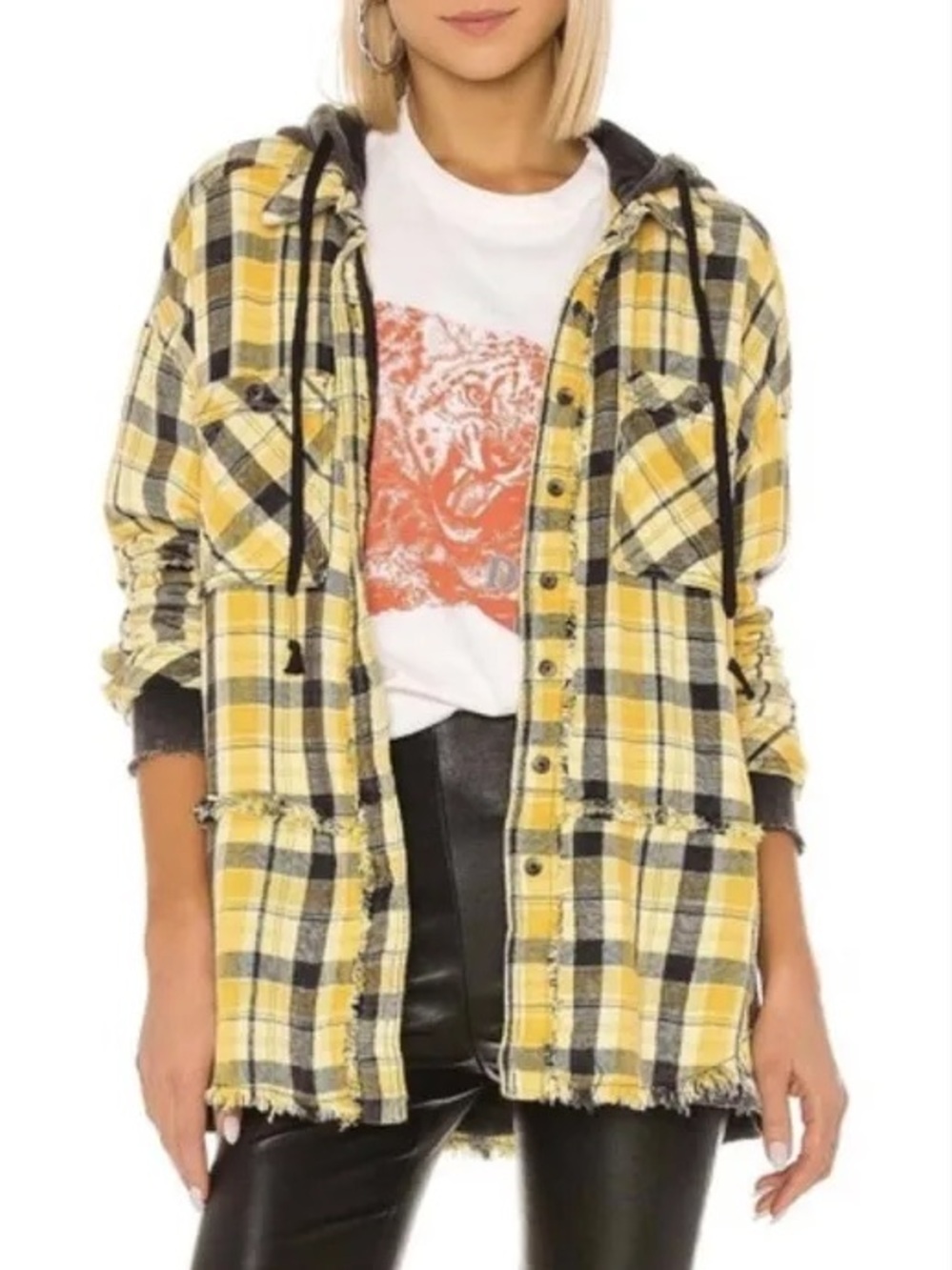 Free People oversized yellow and black plaid flannel hooded jacket size XS